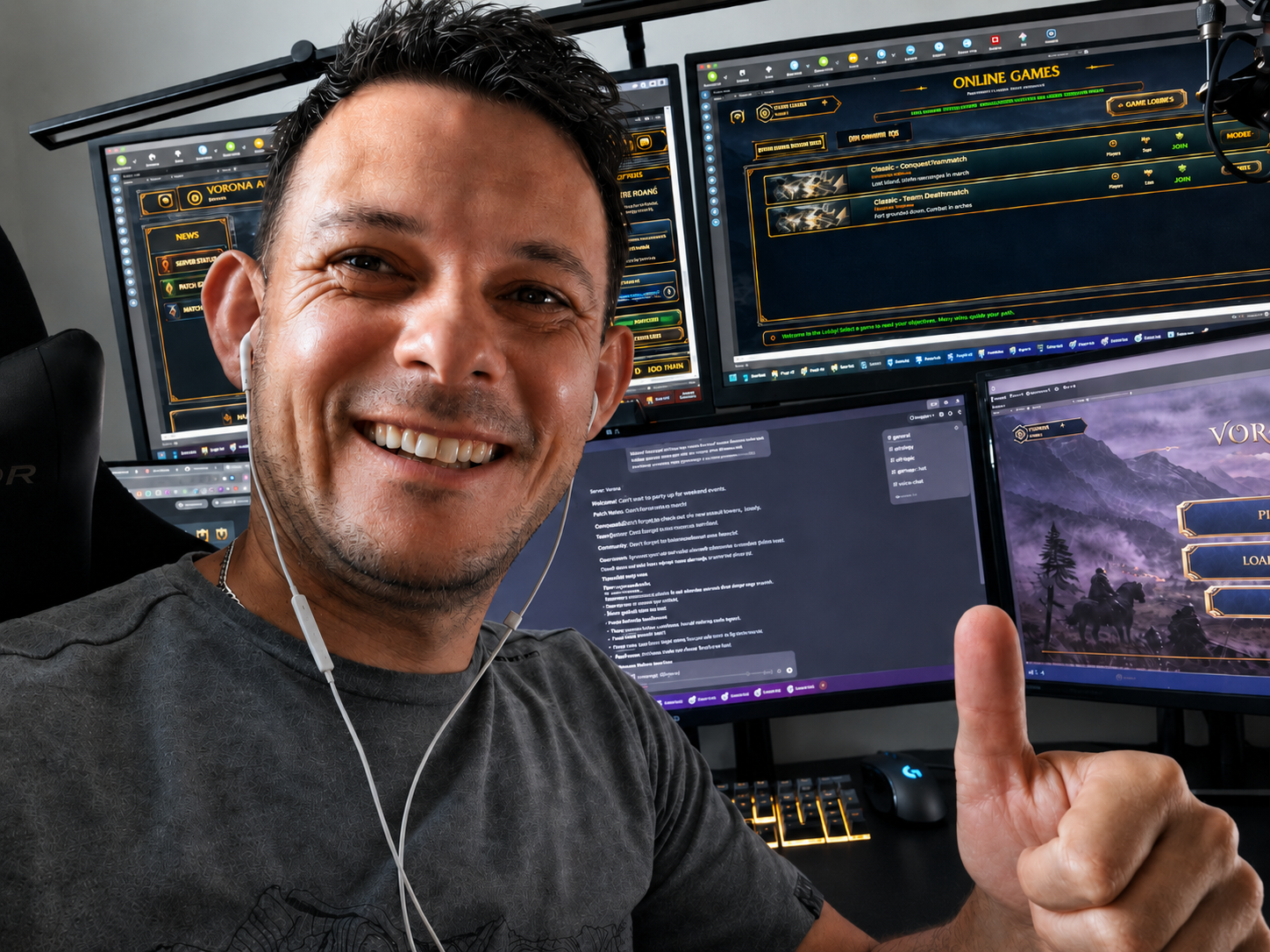 Workspace photo with Vorgar screens open on multiple monitors