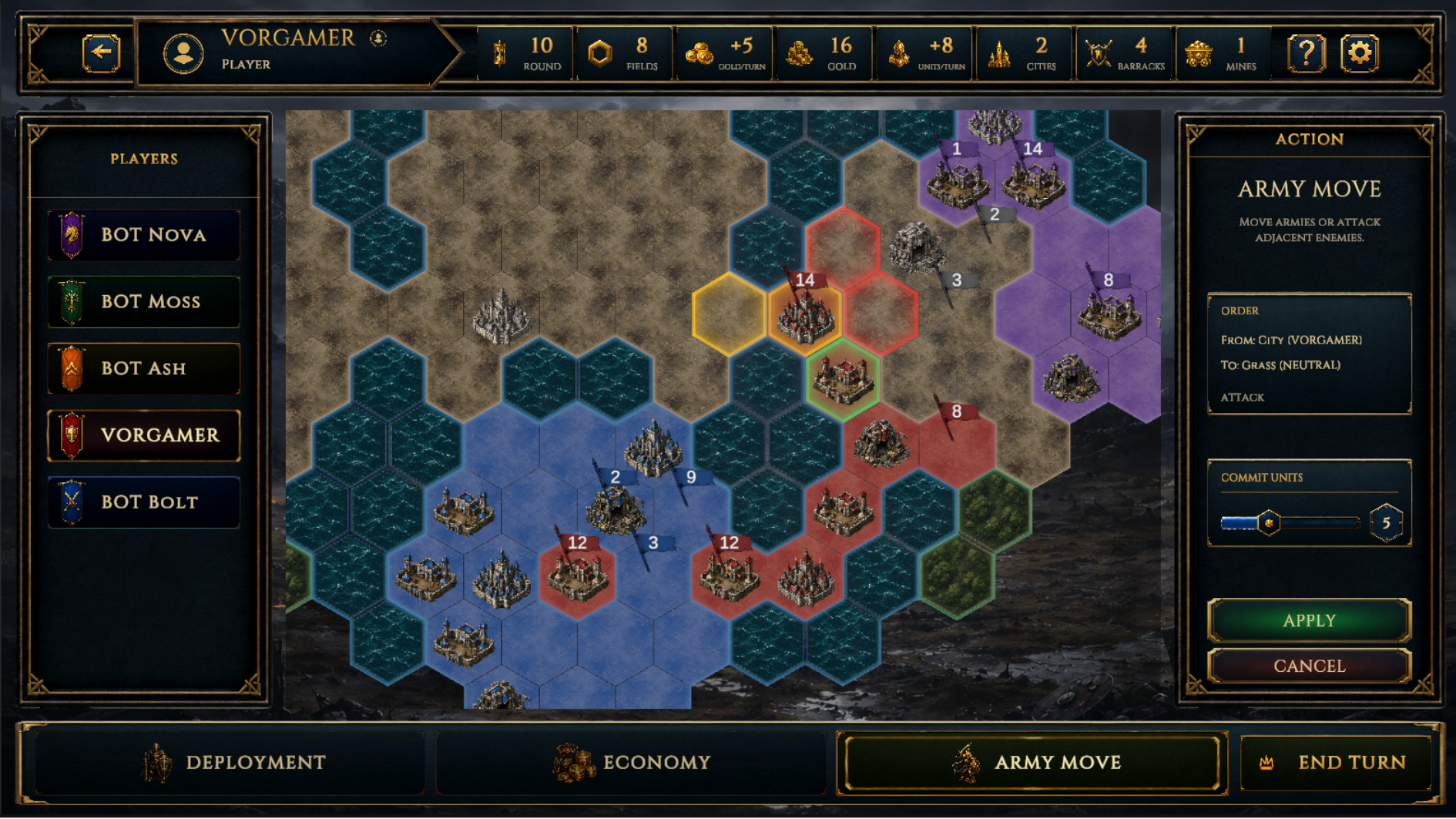 Vorgar army movement screen on a coastal hex map with selected attack order