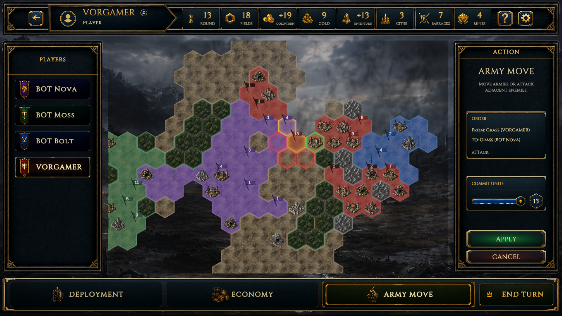 Vorgar army movement screen with player list, resource bar, hex map and action panel