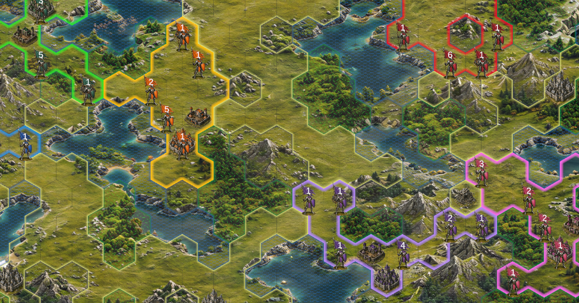 Wide Vorgar hex battlefield with coastal water, forests, mountains and several colored player front lines