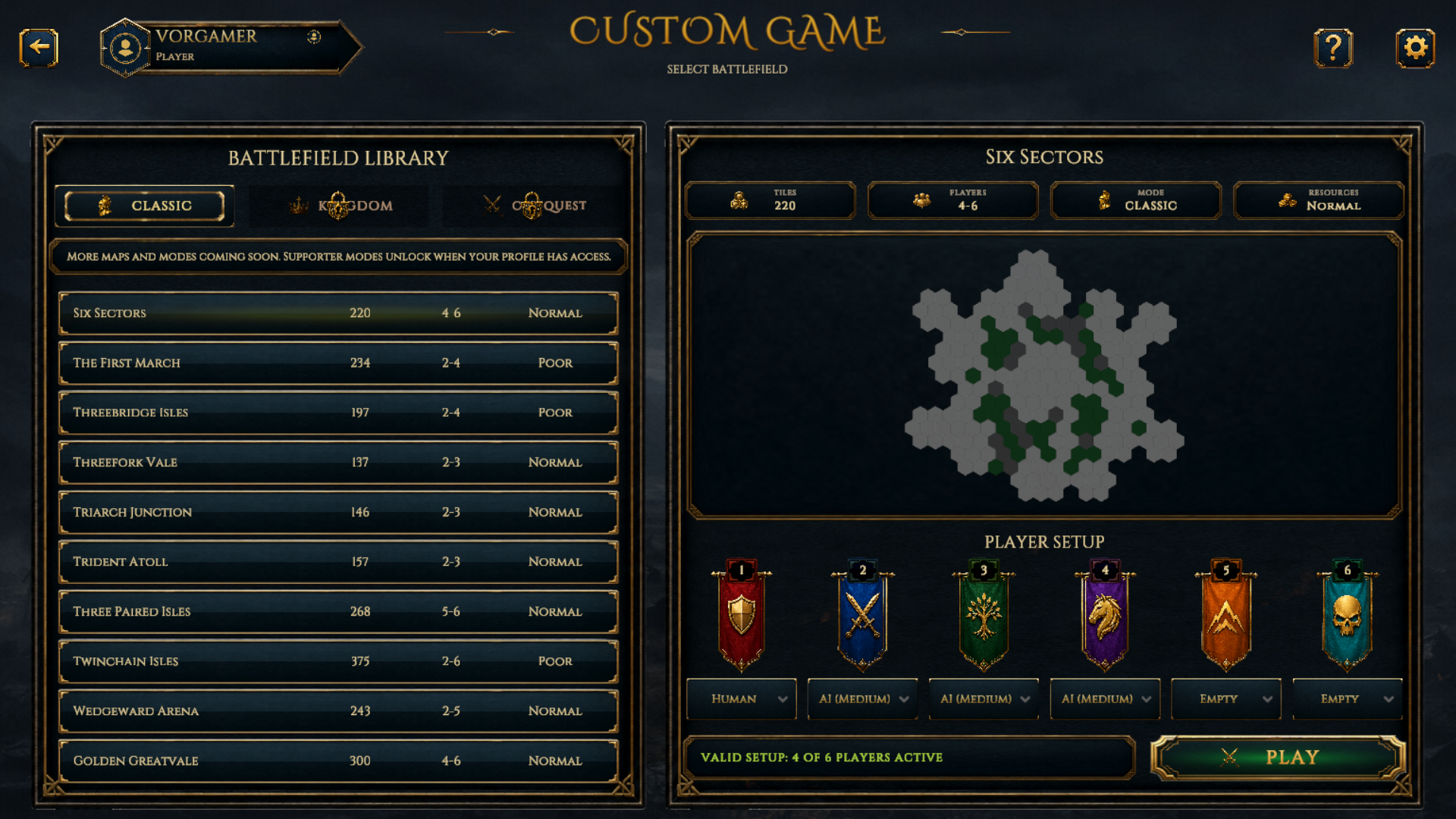 Vorgar custom game screen with map type tabs, battlefield list and player setup
