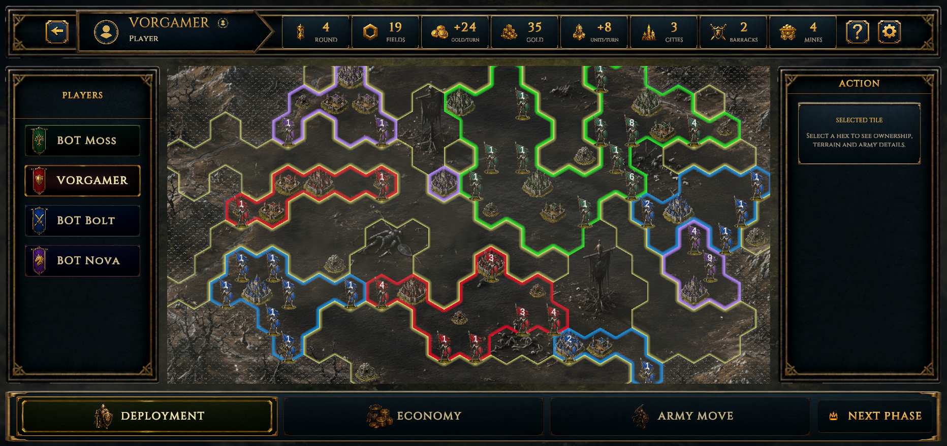 Vorgar dark command interface with player list, resource bar, action panel and central hex battlefield