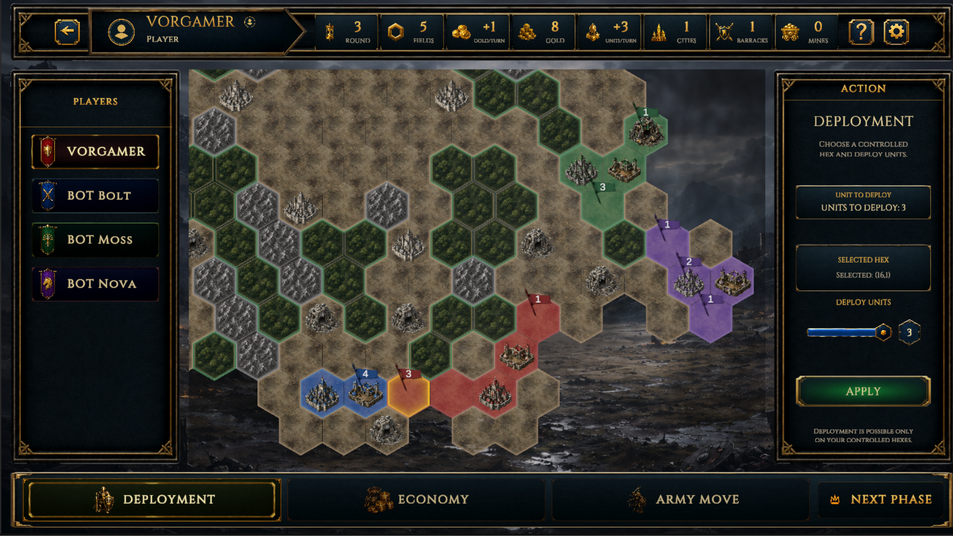 Vorgar deployment screen with hex map, player list and action panel