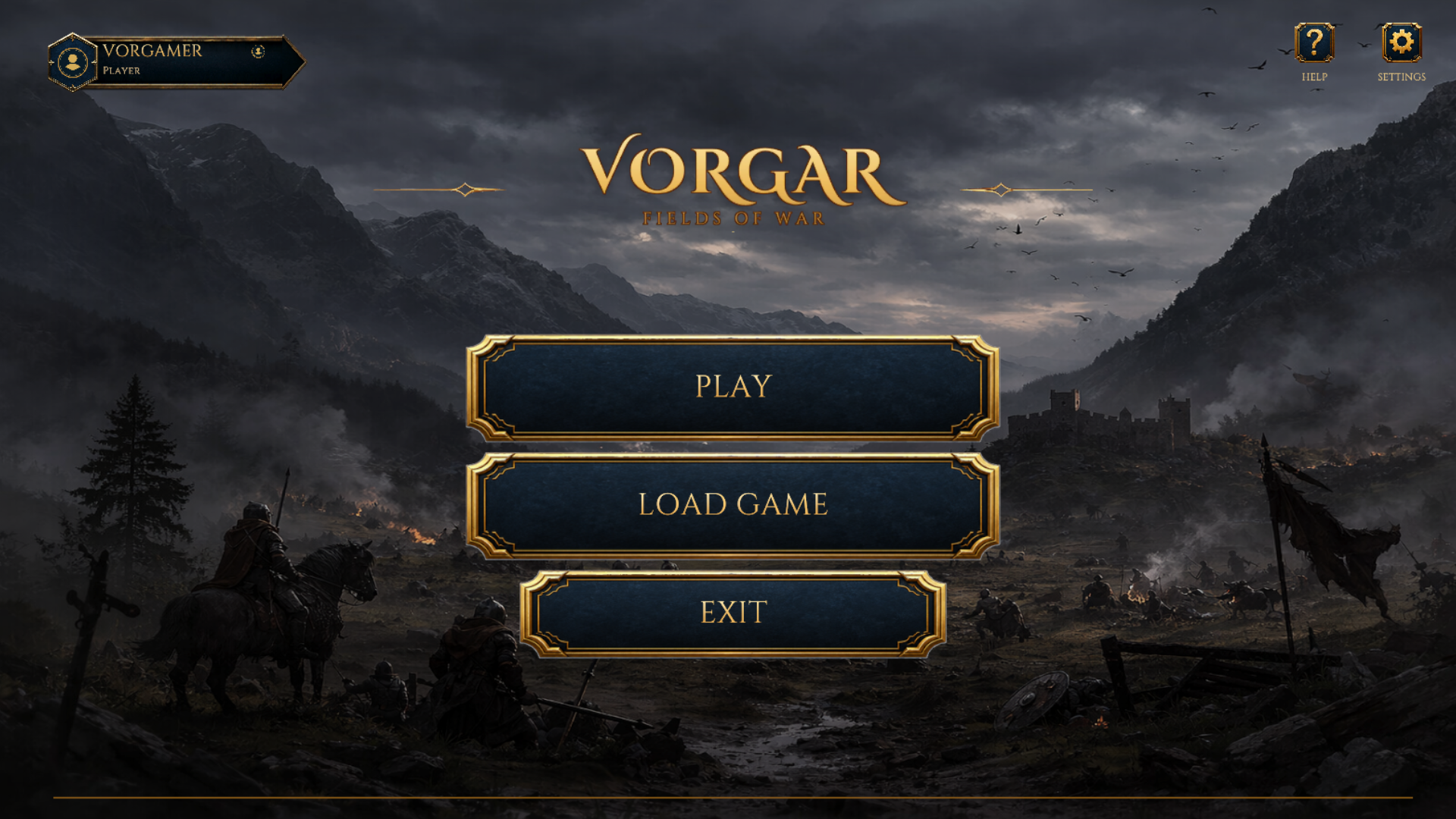 Vorgar main menu with logo over a dark battlefield