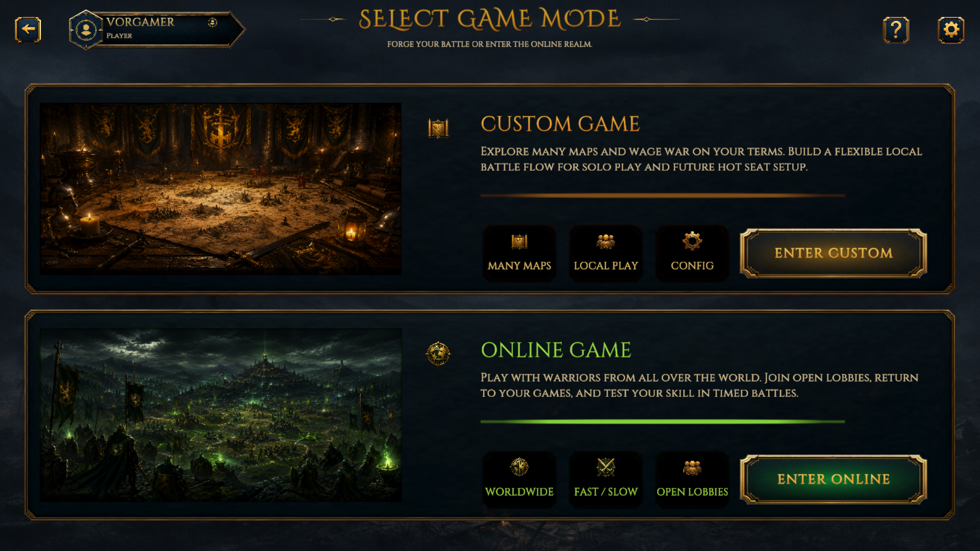 Vorgar select game mode screen with Custom Game and Online Game panels