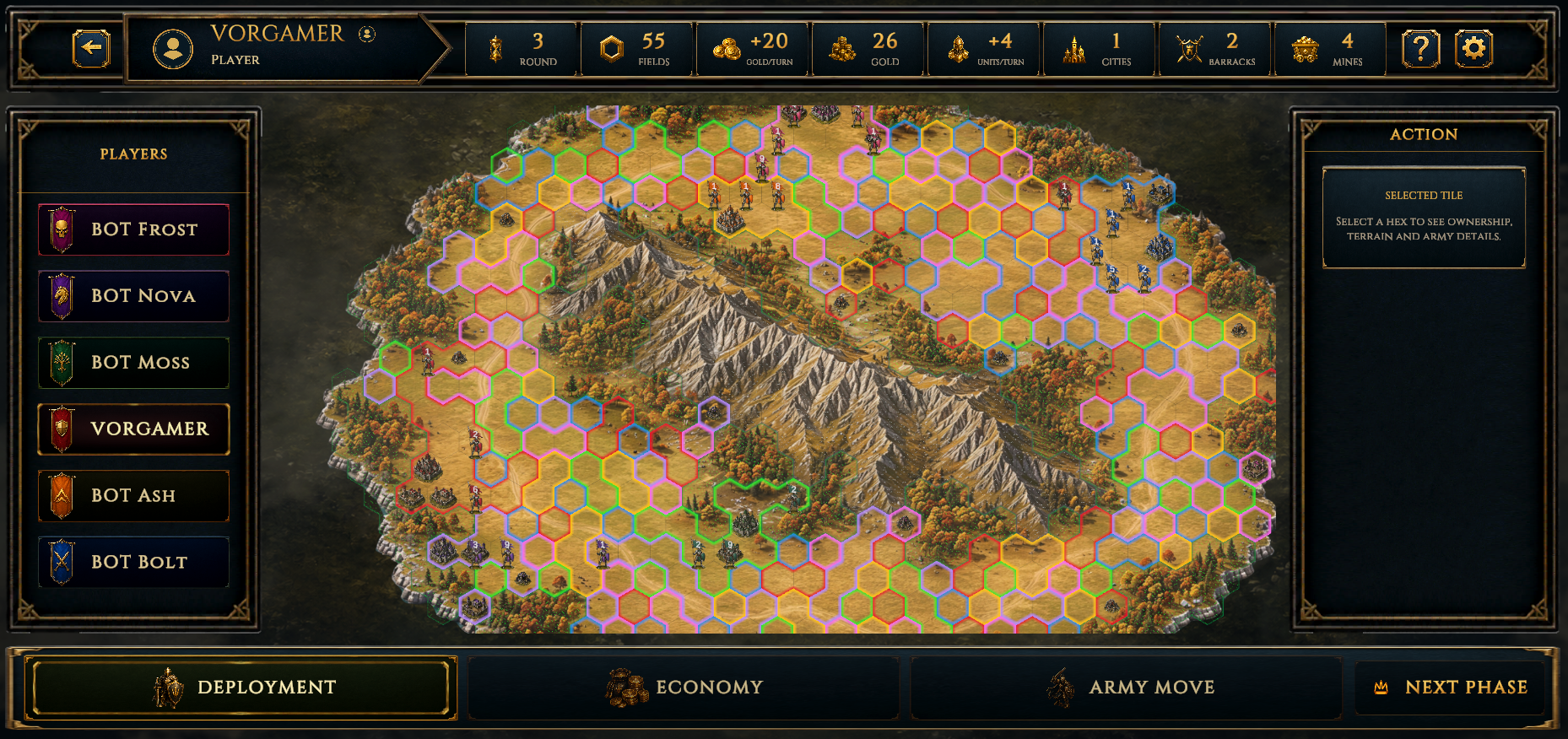 Vorgar mountain island map with colored ownership borders and the redesigned gold-framed command interface