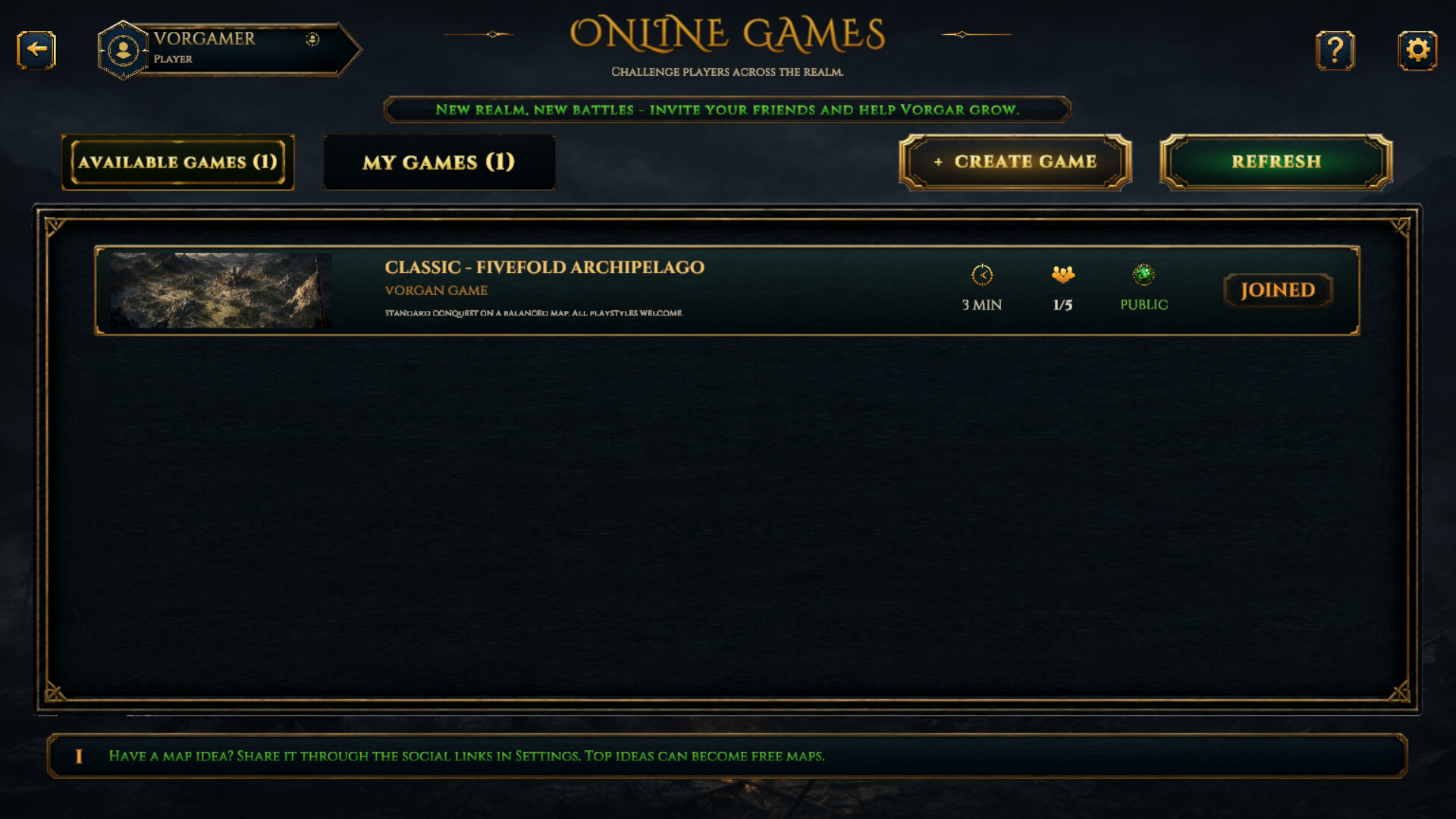 Vorgar online games browser with an available match row