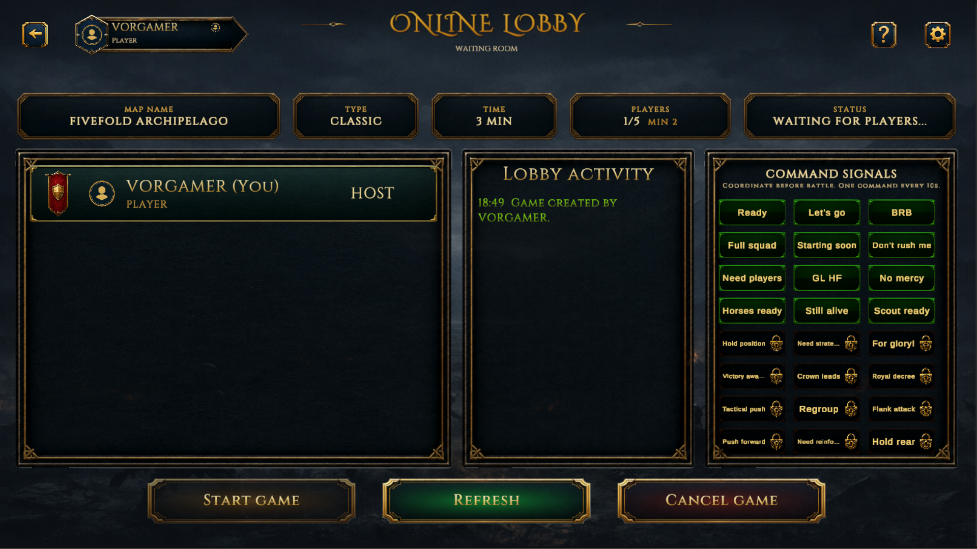 Vorgar online lobby screen from the redesigned interface