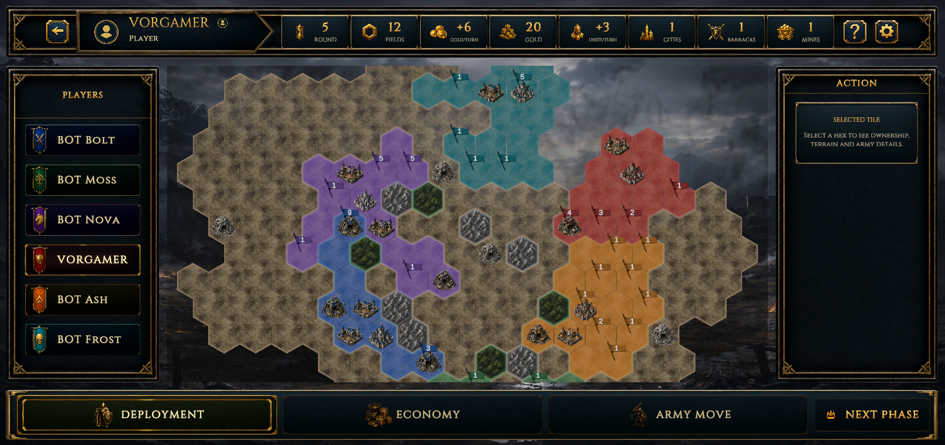 Vorgar battlefield with colored territories, cities, mines, resources and phase controls